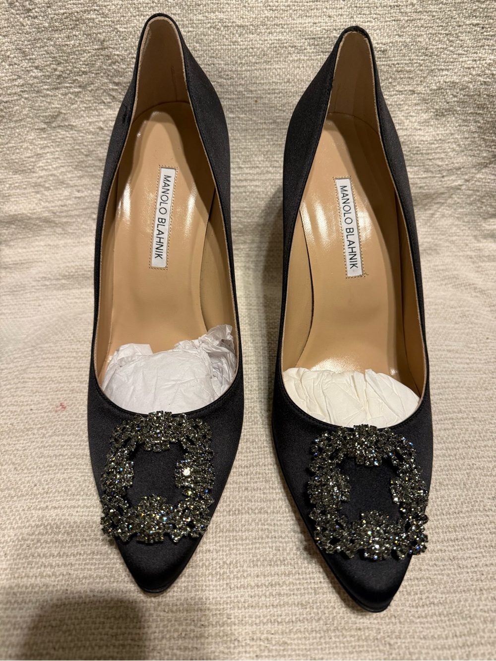 Manolo Blahnik HANGISI 90 Black Satin Pointed Pumps with Crystal Embellished Buc